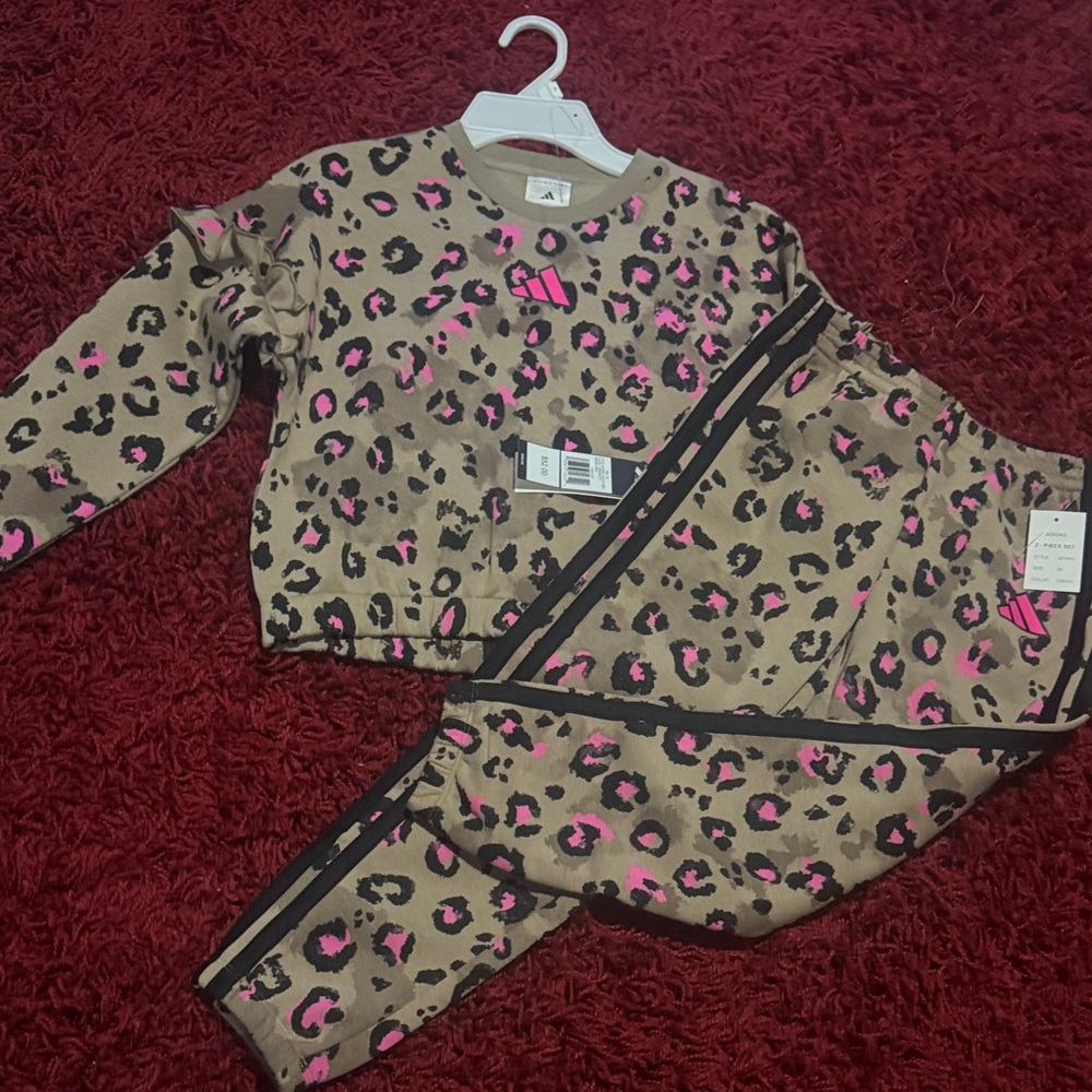 adidas Kids Leopard Print Sweatsuit Set - Pink and Brown
